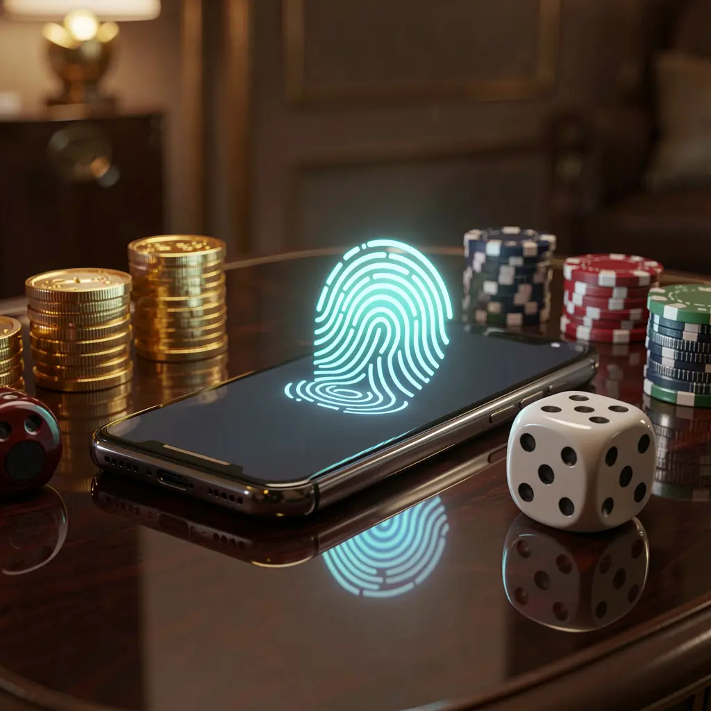 Ponsel pintar yang menampilkan ikon sidik jari bercahaya untuk akses akun permainan daring yang aman oleh 888 XH, dikelilingi oleh koin emas, dadu, dan chip poker di atas meja mengilap dengan pencahayaan sinematik