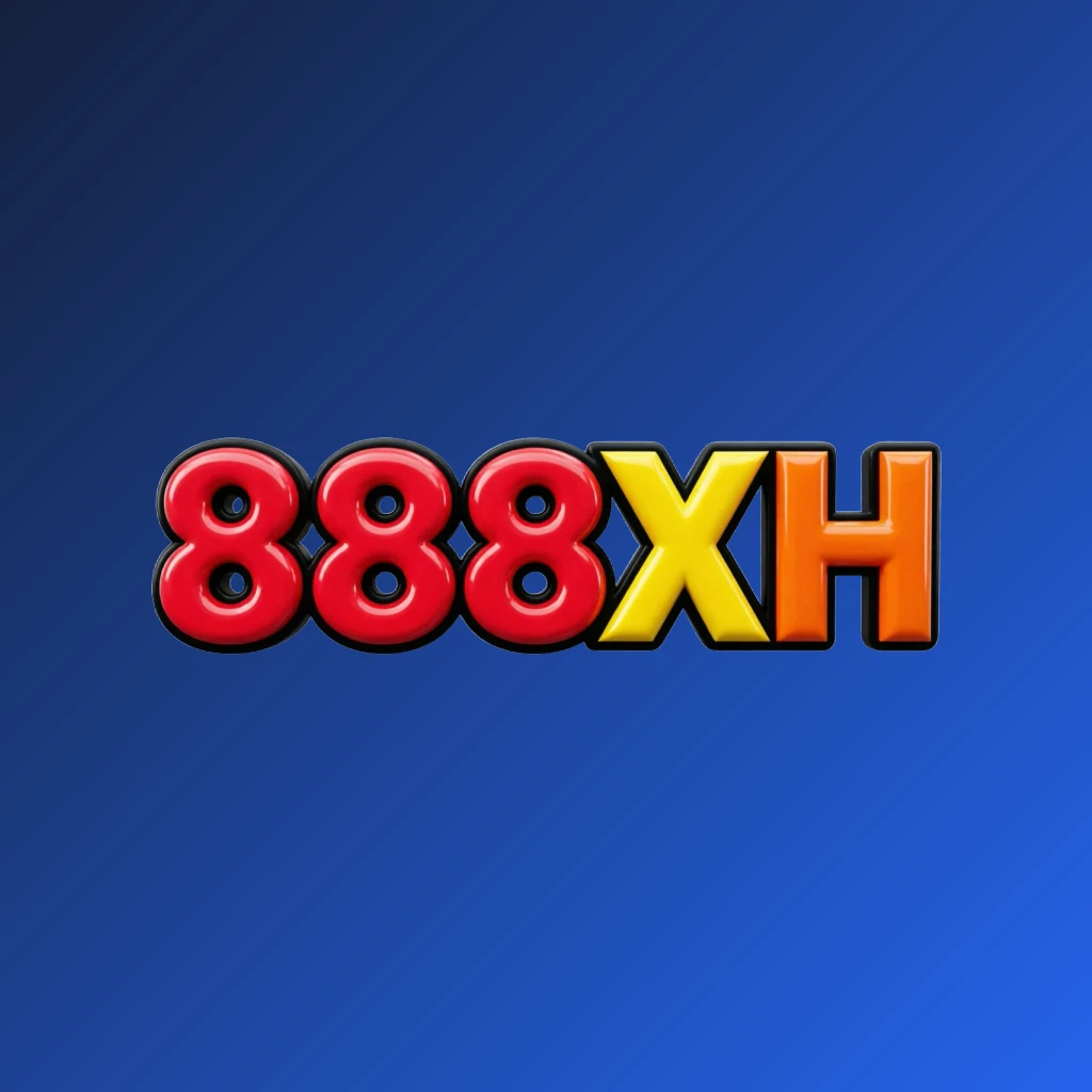 Logo 888 XH yang cerah dengan tipografi tebal berwarna merah, kuning, dan oranye terang, menampilkan efek 3D mengilap pada latar belakang transparan, dirancang sebagai tanda kata persegi panjang horizontal lebar untuk pencitraan merek modern yang energik